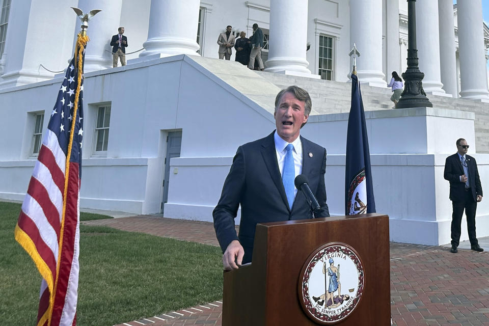 Virginia Gov. Glenn Youngkin speaks at a news conference Thursday, March 7, 2024, in Richmond, Va., about a proposal to relocate the NBA’s Washington Wizards and NHL’s Washington Capitals from Washington to Alexandria. (AP Photo/Sarah Rankin)