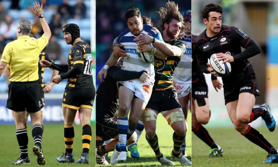 Left to right: Wasps’ Danny Cipriani argues with referee John Lacey, Northampton’s Tom Wood puts in the tackle on Castres’ Horacio Agulla, and Saracens’ Alex Lozowski runs with the ball