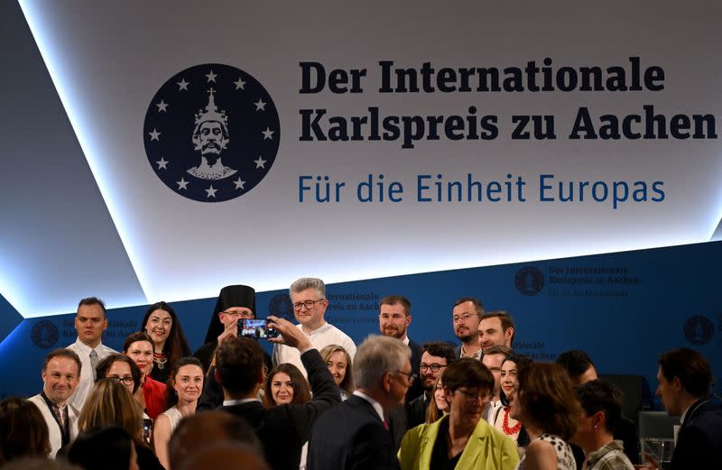 Ukraine's President Zelenskiy is awarded Germany's prestigious Charlemagne Prize, in Aachen