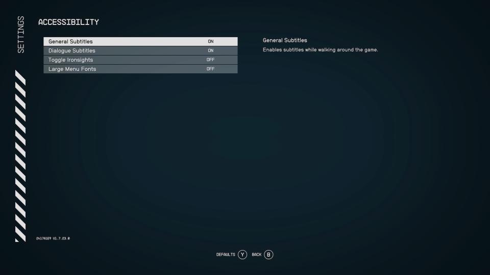 A screenshot showing Starfield accessibility options with Large Font Mode switched off