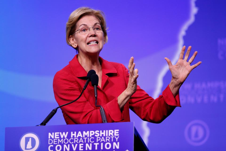 Democratic presidential candidate Sen. Elizabeth Warren, D-Mass., speaks during the New Hampshire state Democratic Party convention, Saturday, Sept. 7, 2019, in Manchester, NH.