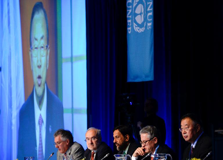 UN Secretary General Ban Ki-moon addresses the United Nation's Intergovernmental Panel on Climate Change (IPCC) via video link as it presents the first volume of its Fifth Assessment Report on climate change, September 27, 2013 in Stockholm