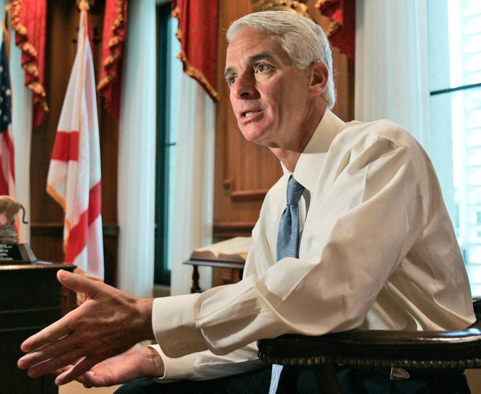 Florida Gov. Charlie Crist makes a point as he answers a question from an Associated Press reporter during an interview on his first day as Florida’s 44th governor, Wednesday, Jan. 3, 2007, in Tallahassee, Fla.