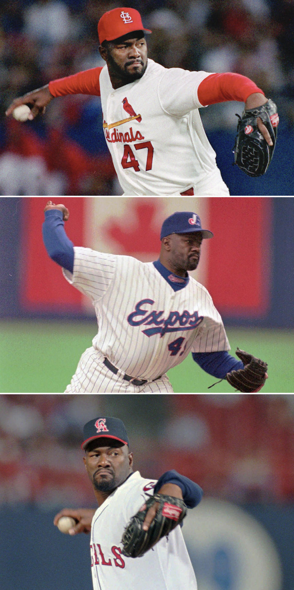 FILE - Top, in a 1993 file photo, St. Louis Cardinals reliever Lee Smith pitches in St. Louis. Middle, in an April 6, 1997, file photo, Montreal Expos' Lee Smith pitching against Colorado in Montreal. Bottom, in a Sept. 12, 1995, file photo, California Angels pitcher Lee Smith delivers against the Chicago White Sox during the eighth inning of the game in Anaheim, Calif. Lee Smith will be inducted into the Baseball Hall of Fame on Sunday, July 21, 2019. (AP Photo/File)