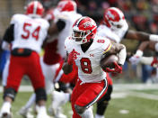 Maryland running back Tayon Fleet-Davis (8) rushes against Rutgers during the first half of an NCAA football game, Saturday, Nov. 27, 2021, in Piscataway, N.J. (AP Photo/Noah K. Murray)