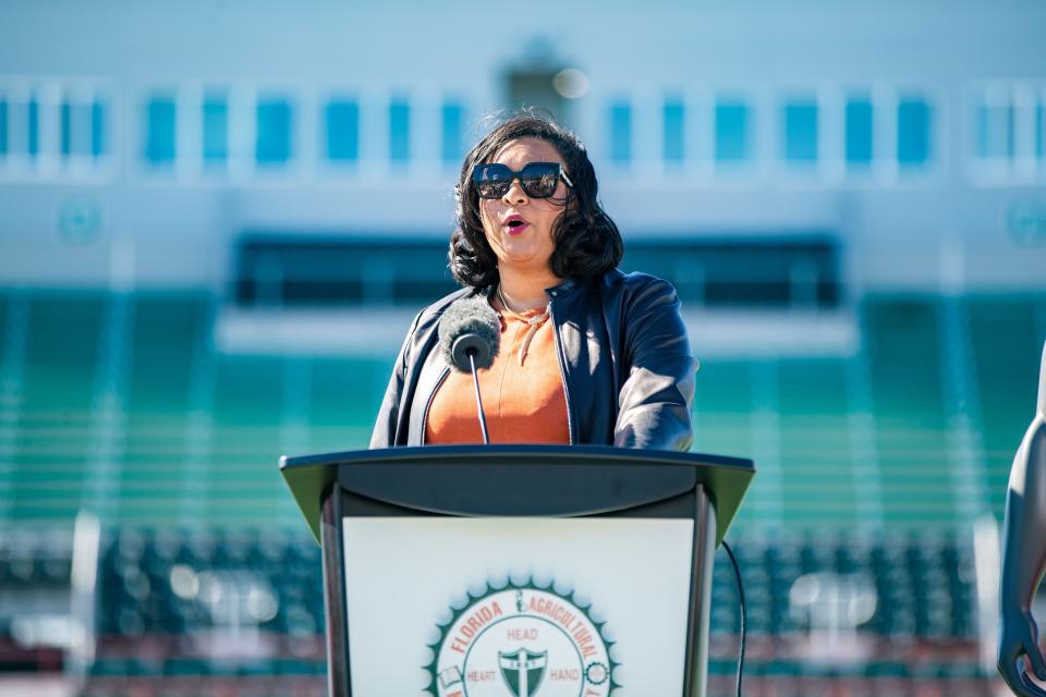 Florida A&M University athletic director Tiffani-Dawn Sykes introduces James Colzie III as the new head football coach Monday, Jan. 29, 2024.