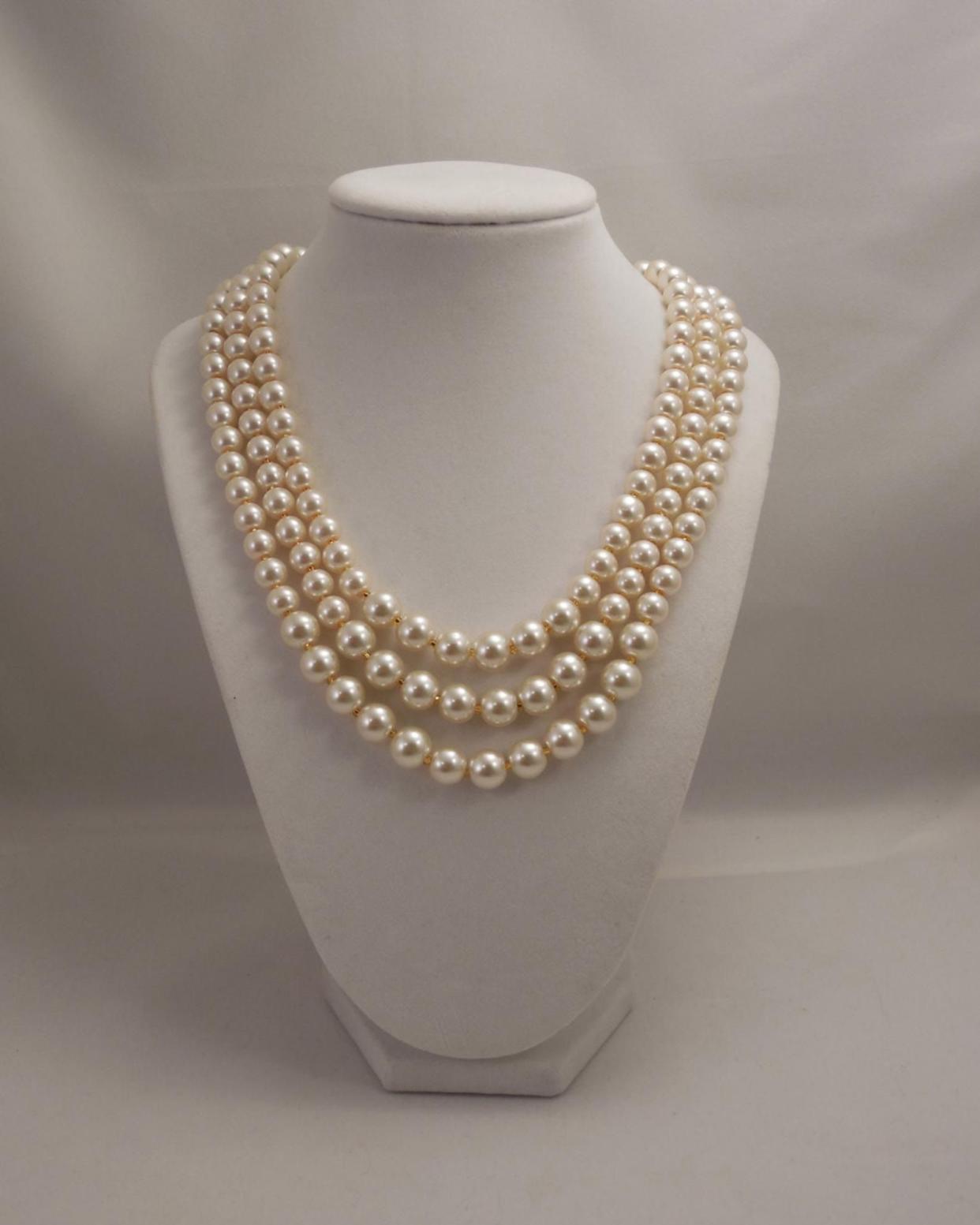 Three Strand Necklace of Cream Glass Pearls