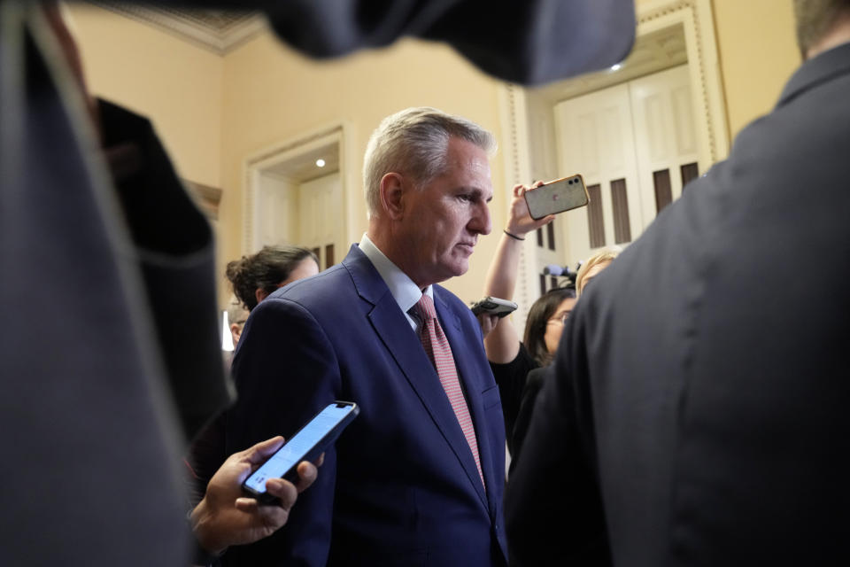 House Republican Leader Kevin McCarthy of Calif., is followed by reporters as he heads to the House Floor on Capitol Hill in Washington, Tuesday, Jan. 3, 2023. (AP Photo/Susan Walsh)