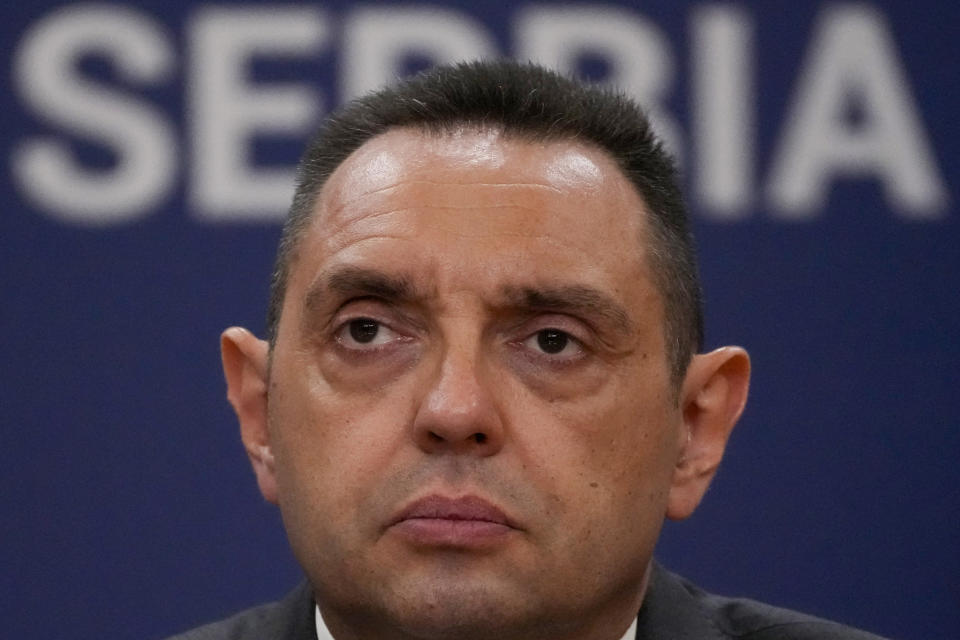 FILE- Serbian spy chief Aleksandar Vulin attends a press conference in Belgrade, Serbia, on Sept. 8, 2021. Serbian pro-Russian head of the state's intelligence service, who has been under U.S. sanctions, resigned Friday, Nov. 3, 2023, citing his attempt to avoid possible further embargo against the Balkan nation. In July, the U.S. imposed sanctions on Aleksandar Vulin, accusing him of involvement in illegal arms shipments, drug trafficking and misuse of public office. (AP Photo/Darko Vojinovic, File)