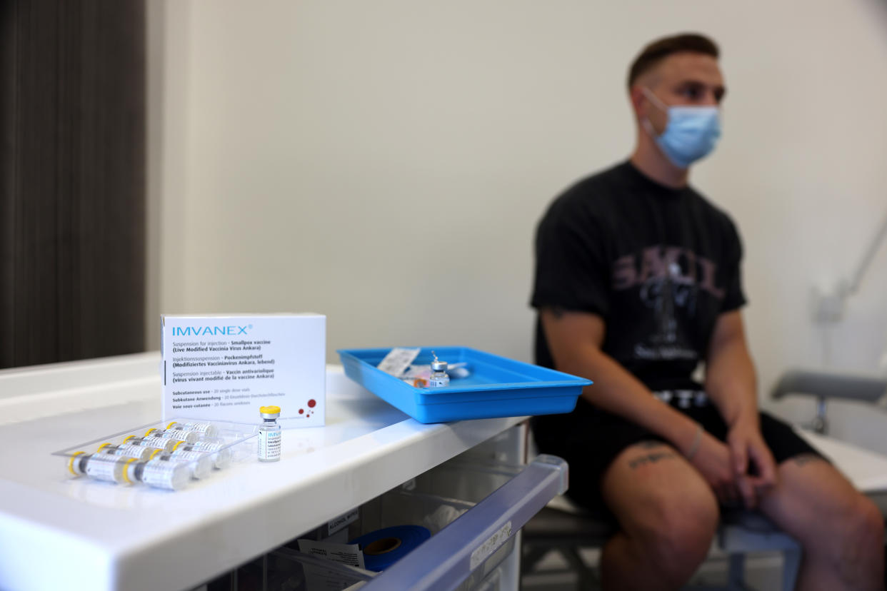 LONDON, ENGLAND - JULY 23: A man receives a vaccination dose against monkeypox on July 23, 2022 in London, England. The NHS is expanding its monkeypox vaccine rollout in London as monkeypox cases continue to increase in the capital. Monkeypox, a rare disease, is part of the same family of viruses as smallpox. (Photo by Hollie Adams/Getty Images)