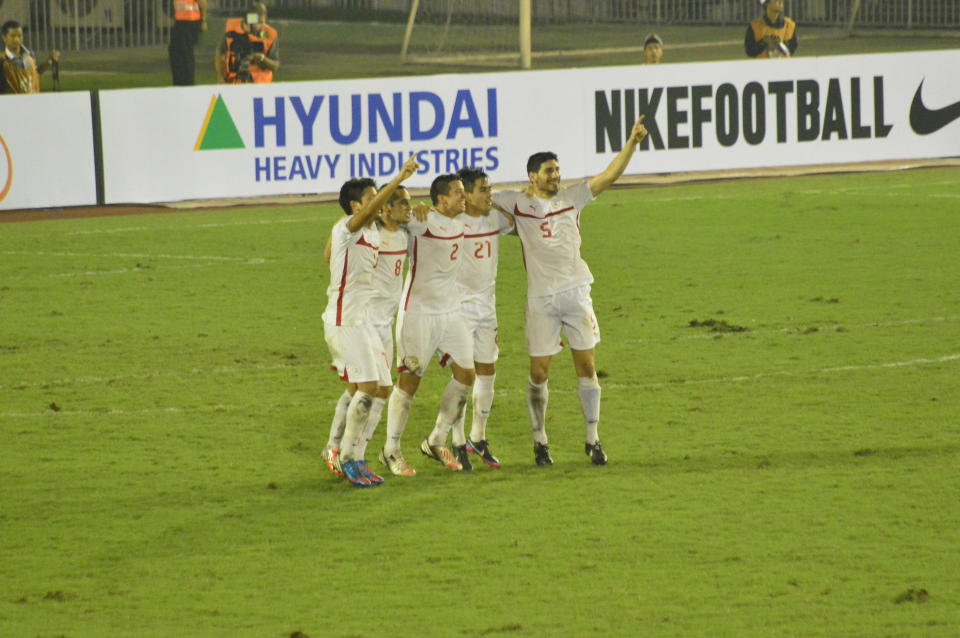 The Azkals celebrate after their win over Myanmar. (Photo by Bob Guerrero)