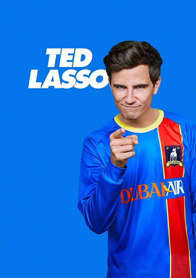 colin in ted lasso, in his football kit pointing at the camera on a poster