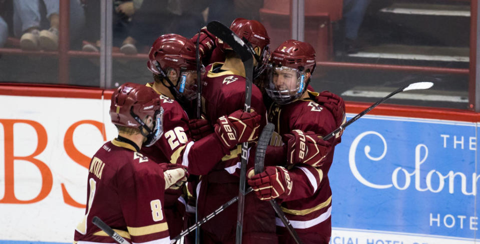 Ron Greco #28 of the Boston College Eagles celebrates his goal against the Northeastern Huskies with teammates Jesper Mattila #8, Julius Mattila, #26, David Cotton #17 and Connor Moore #7 (Photo by Richard T Gagnon/Getty Images)