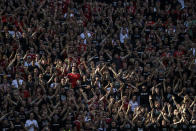 Soccer fans attend the Euro 2020 soccer championship group F match between Hungary and Portugal at the Ferenc Puskas stadium in Budapest, Hungary, Tuesday, June 15, 2021. (Bernadett Szabo/Pool via AP)