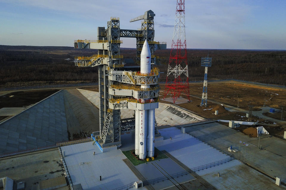 In this photo released by Roscosmos space corporation on Monday, April 8, 2024 an Angara-A5 rocket is seen during preparation for the launch at Vostochny space launch facility outside the city of Tsiolkovsky, about 200 kilometers (125 miles) from the city of Blagoveshchensk in the far eastern Amur region, Russia. The Angara-A5 is a new heavy-lift rocket developed in Russia.(Roscosmos space corporation via AP)