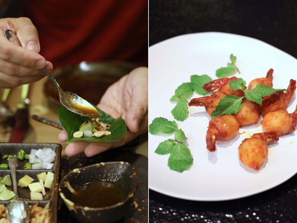 Make your own 'miang kham' parcel (left); 'linchee sod sai kung' or Cantonese style minced shrimp stuffed in lychees (right).