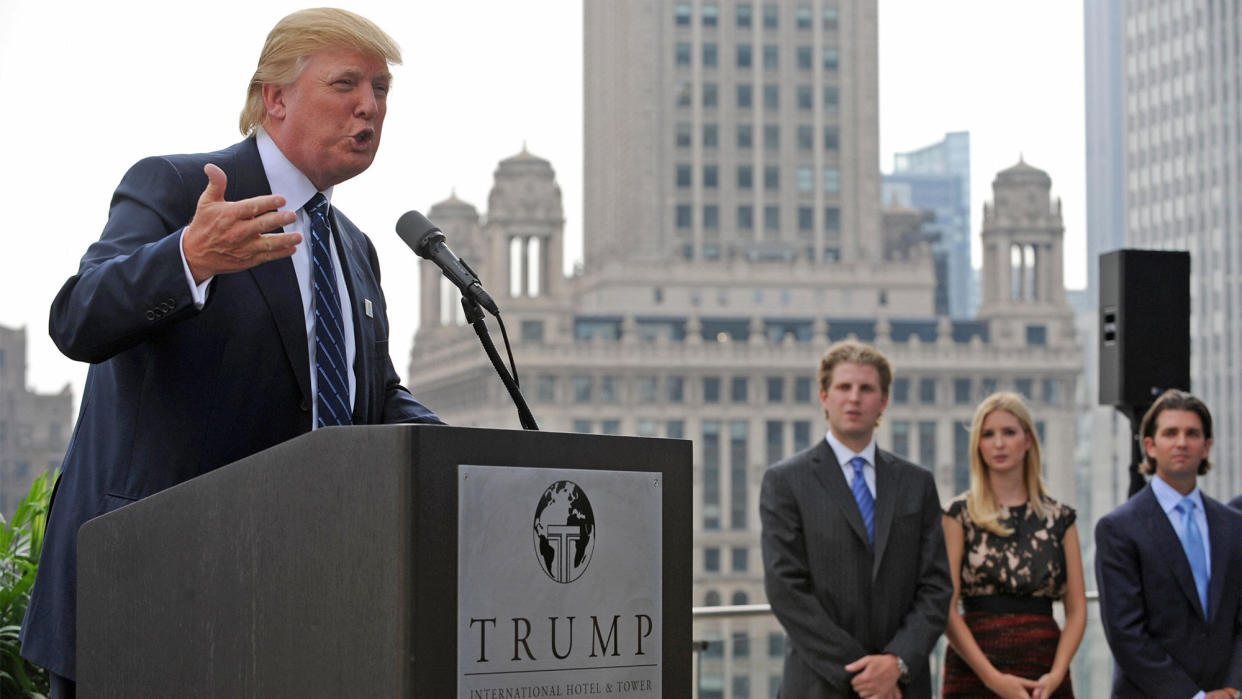 Donald Trump and his children Eric, Ivanka, and Donald Jr., attend a press conference at the Trump International Hotel and Tower in Chicago