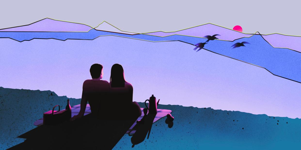 Illustration of a couple overlooking the sunset.