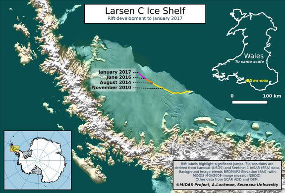 Progression of the Larsen C Ice Shelf rift.