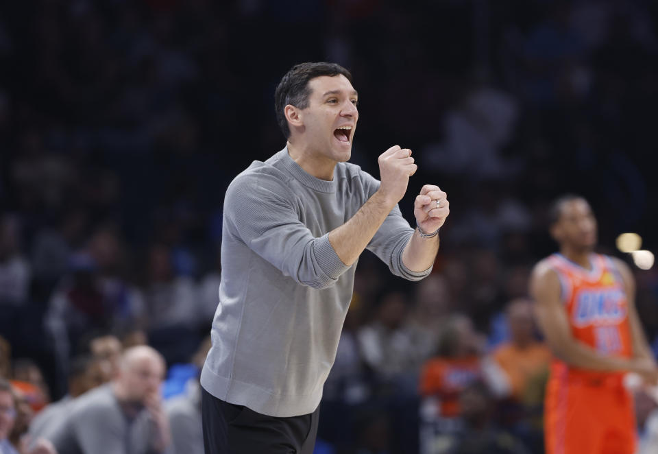 Nov 8, 2023; Oklahoma City, Oklahoma, USA; Oklahoma City Thunder head coach Mark Daigneault gestures to his team during the second quarter against the Cleveland Cavaliers at Paycom Center. Mandatory Credit: Alonzo Adams-USA TODAY Sports