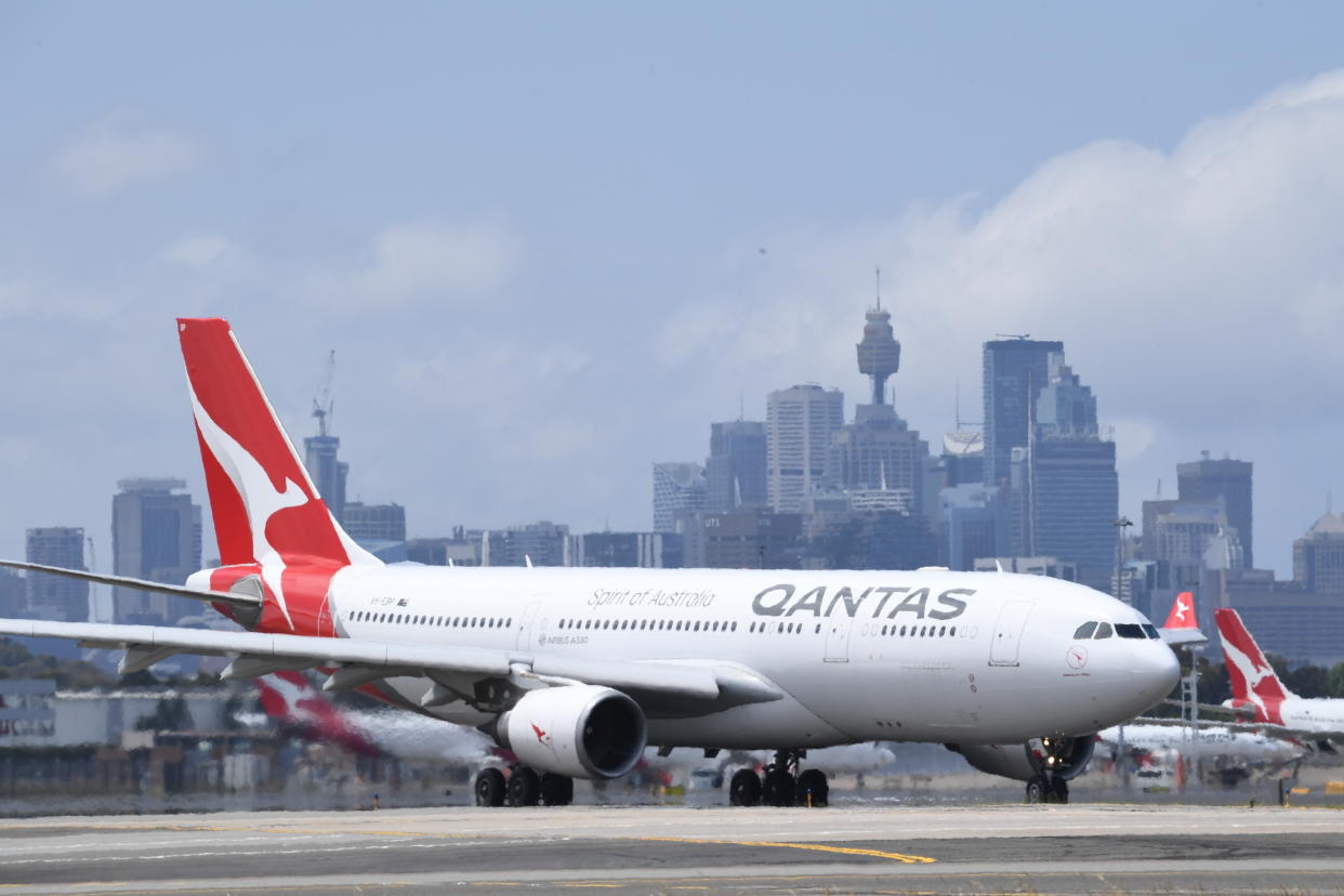 A Qantas aircraft at Sydney Airport on November 09, 2021 in Sydney, Australia.