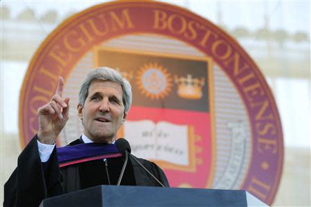 U.S. Secretary of State John Kerry delivers the Commencement Address after receiving an honorary Doctor of Laws degree during Commencement Exercises at Boston College in Boston, Massachusetts May 19, 2014. REUTERS/Brian Snyder