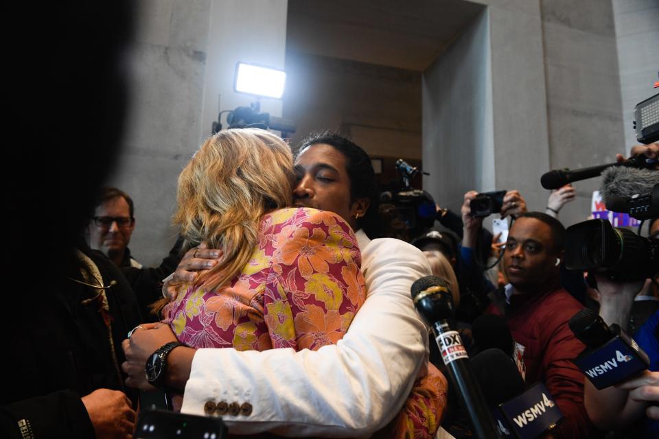 Gloria Johnson, D-Knoxville, hugs Justin Jones after the vote to expel her failed at the Tennessee State Capitol in Nashville, Tenn., on Thursday, April 6, 2023. Jones had been expelled earlier in the afternoon.