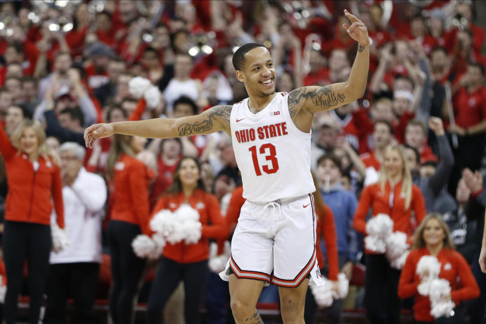 Ohio State's C.J. Walker celebrates a win over Maryland in an NCAA college basketball game Sunday, Feb. 23, 2020, in Columbus, Ohio. (AP Photo/Jay LaPrete)