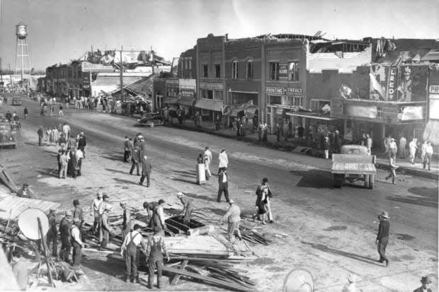 Main Street in Pryor, Okla., after tornadoes hit the state in 1942. Print dated May 22, 1942.