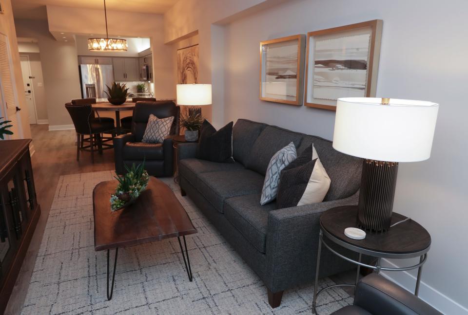 The living room inside a condo owned by Johnny Phillips at The Harbours Condominiums along the riverfront in Jeffersonville, Ind. on Feb. 6, 2023.