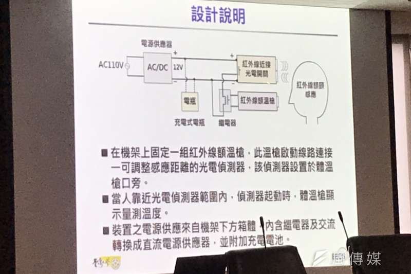 20200310-台大電機系日前研發製作成本低廉的「防疫一號」自動量測裝置，圖為設計說明圖。（吳尚軒攝）