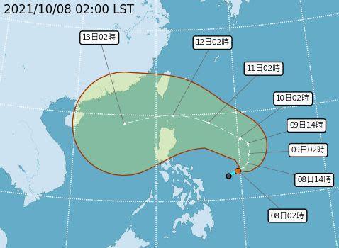 菲律賓東方熱帶低壓這一兩天就會升格為圓規颱風，不排除通過台灣。（翻攝中央氣象局）