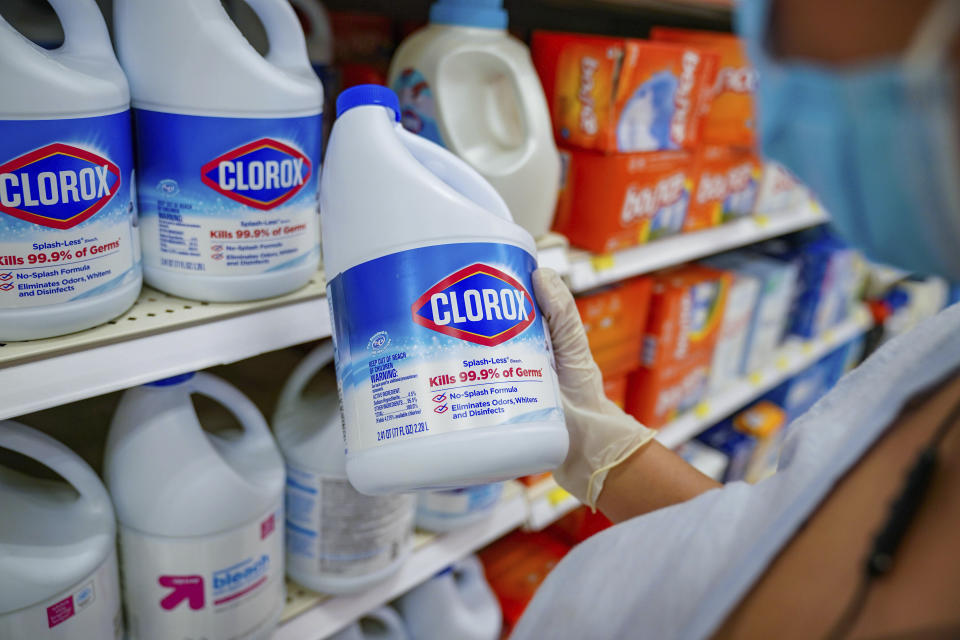 Photo by: John Nacion/STAR MAX/IPx 2020 8/7/20 Clorox brand bleach is displayed for sale at a Target supermarket in Flushing, Queens, U.S., on August 7, 2020. Clorox says disinfectant wipes shortage may last until 2021.