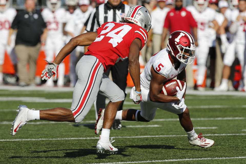 Indiana receiver J-Shun Harris, right, runs upfield as Ohio State defensive back Shaun Wade defends during the first half of an NCAA college football game Saturday, Oct. 6, 2018, in Columbus, Ohio. (AP Photo/Jay LaPrete)