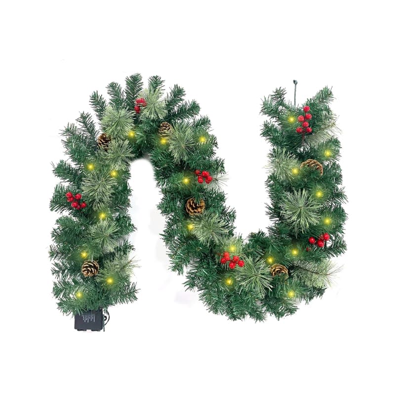 Christmas Garland Pre-Lit Artificial Green with Pine Cones Berry Clusters