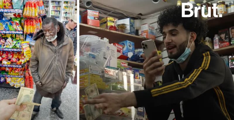 ▲美國紐約布朗克斯區（The Bronx）的超商店長Ahmed Alwan告訴客人，只要答對他的小問題就能在5秒內免費拿走想要的東西。（圖／翻攝自Brut America）