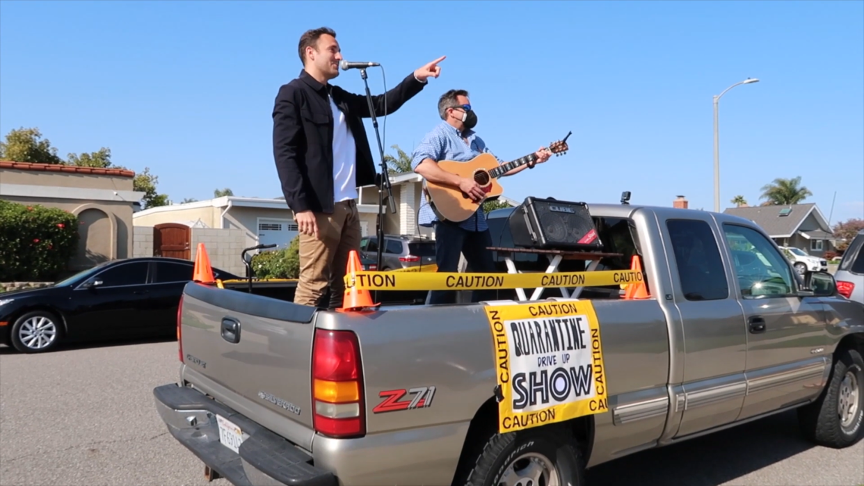 Musician Tanner Howe and his father perform from the back of a pickup truck to bring music to people amid coronavirus pandemic. (Photo: Tanner Howe)