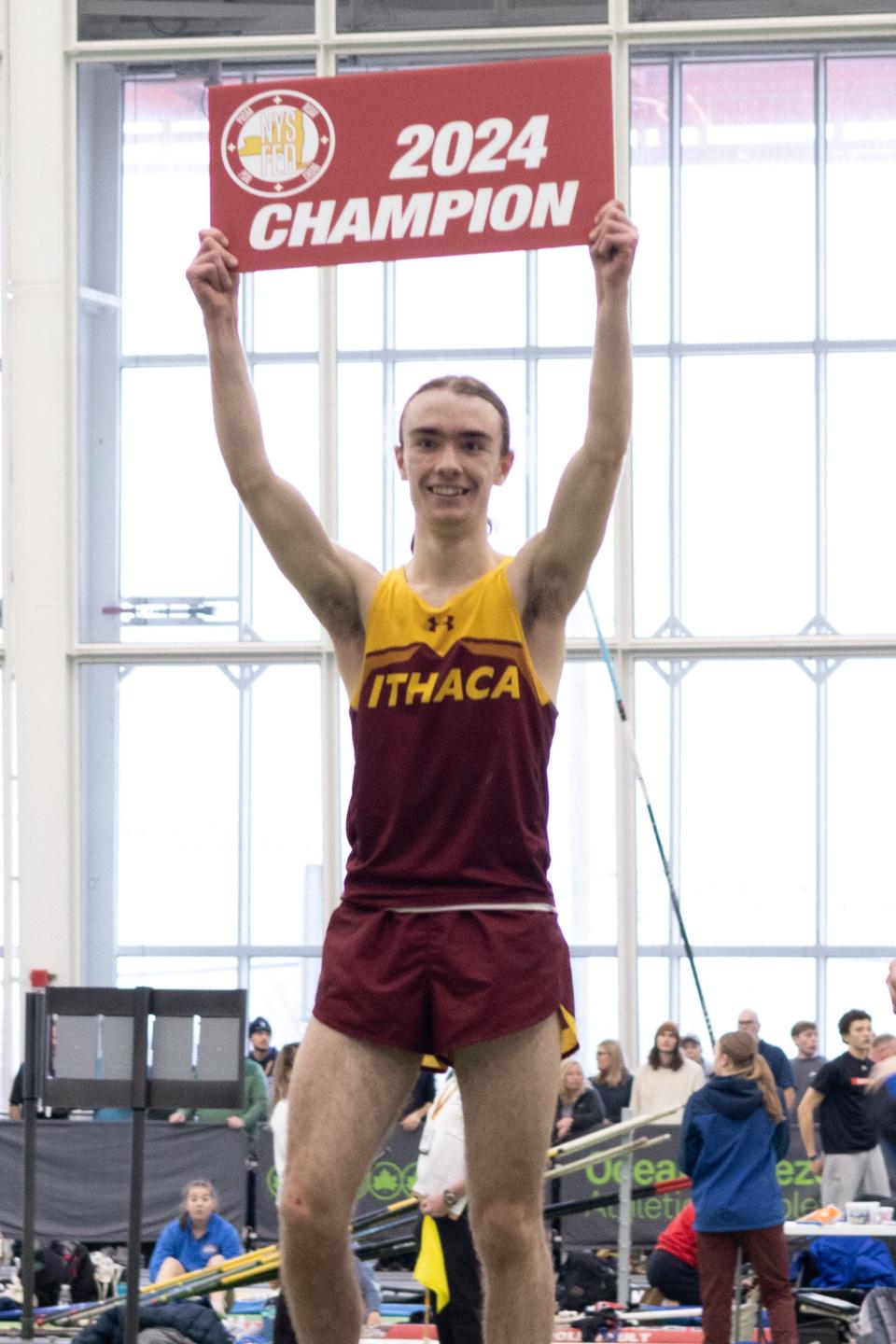 Ithaca's Riley Hubisz won the boys 3,200-meter race at the NYSPHSAA indoor track & field championships March 2, 2024 at the Ocean Breeze Athletic Complex on Staten Island.