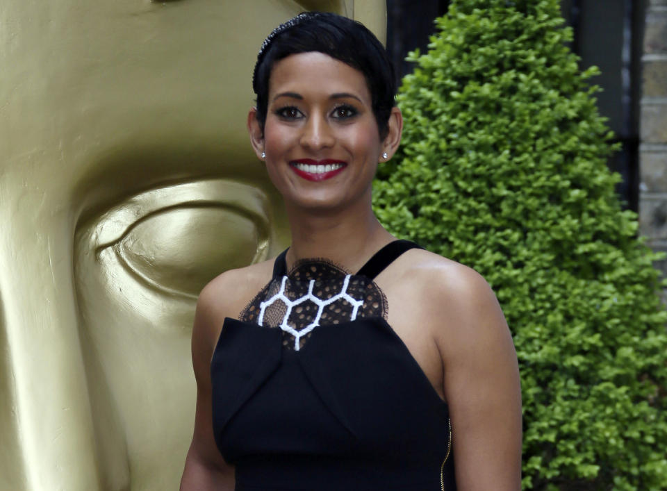FILE - In this Sunday, April 23, 2017 file photo, TV Presenter Naga Munchetty poses for photographers upon arrival at the British Academy Television and Craft Awards in east London. The BBC is facing a backlash after finding one of its presenters in breach of its editorial guidelines on impartiality for comments that were critical of U.S. President Donald Trump. Journalists and celebrities are on Friday, Sept, 27, 2019 demanding the BBC overturn its decision, expressing support for BBC Breakfast anchor Naga Munchetty, who was discussing Trump’s remark on July 17 that four female American lawmakers should return to the “broken and crime infested places from which they came.’’(Photo by Joel Ryan/Invision/AP, file)