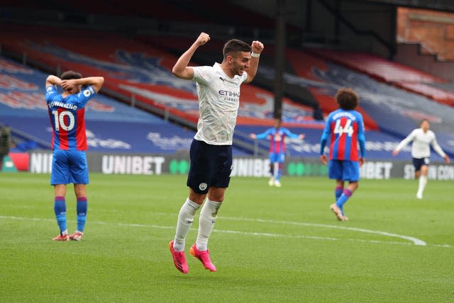 Ferran Torres celebrates scoring against Crystal Palace as Manchester City closed in on the Premier League title