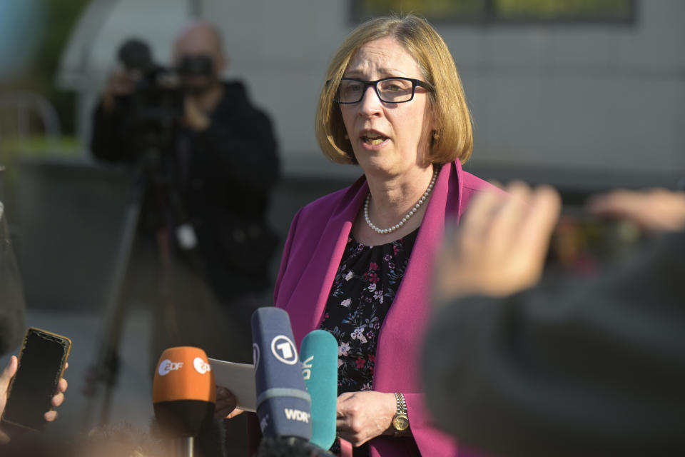 U.S. Ambassador to Russia Lynne Tracy speaks to the media after hearing on Wall Street Journal reporter Evan Gershkovich's case at the Moscow City Court, in Moscow, Russia, on Tuesday, Sept. 19, 2023. A Russian court on Tuesday is scheduled to hear a defense appeal of Wall Street Journal reporter Evan Gershkovich against the decision to extend his period of detention. (AP Photo/Dmitry Serebryakov)