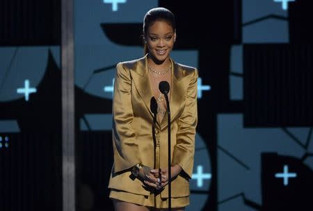 Singer Rihanna speaks on stage during the 2015 BET Awards in Los Angeles, California, June 28, 2015. REUTERS/Kevork Djansezian