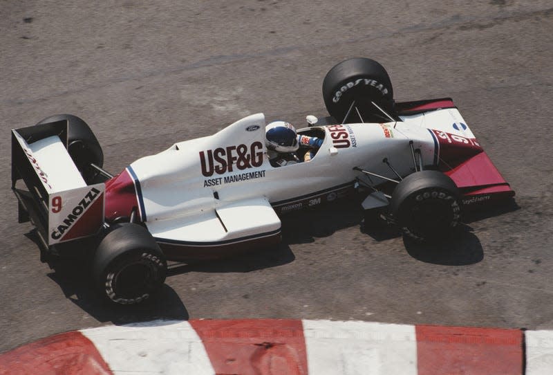 Derek Warwick of Great Britain drives the No. 9 USF&G Arrows Arrows A11 Ford Cosworth DFR V8 during practice for the 1989 Grand Prix of Monaco.