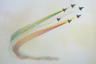Members of the "August 1st" Aerobatic Team of the Chinese People's Liberation Army (PLA) Air Force perform during the 13th China International Aviation and Aerospace Exhibition, also known as Airshow China 2021, on Tuesday, Sept. 28, 2021, in Zhuhai in southern China's Guangdong province. (AP Photo/Ng Han Guan)