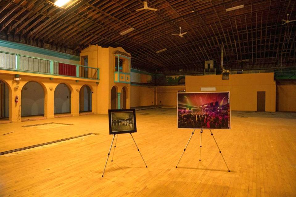 An archival photograph of the El Torreon ballroom sits next to an image of the projected development.