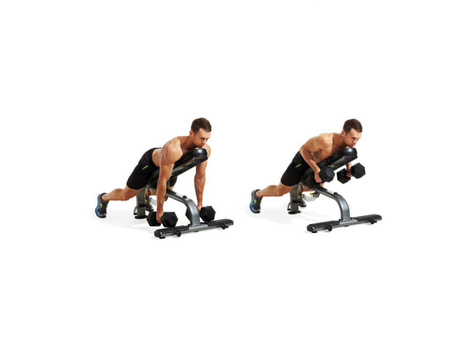How to do it:<ol><li>Set an adjustable bench to a 30- to 45-degree incline and lie on it chest-down. </li><li>Grasp a dumbbell in each hand and draw your shoulder blades back and together as you row the weights to your sides.</li><li>Aim for 10-15 reps per set.</li></ol>Pro tip:<p>Keep your neck neutral to avoid strain.</p>Variation:<p>This move can also be done isolating one arm at a time. Perform 2-3 sets on one side before alternating to the other.</p>