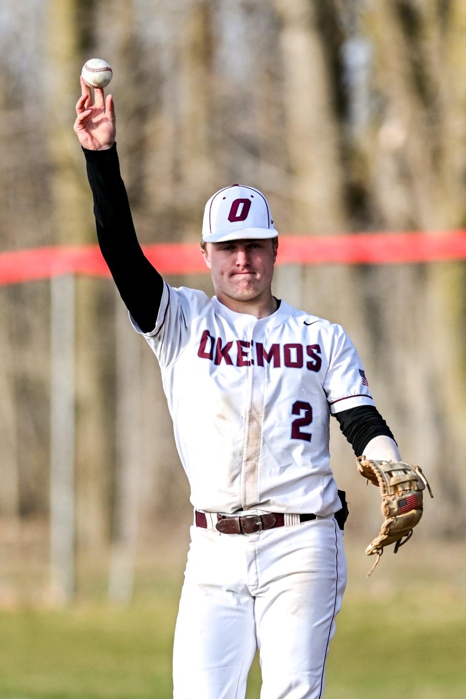 Okemos' Caleb Bonemer throws the ball back to the pitcher during the seventh inning in the game against Mason on Friday, April 5, 2024, at Mason High School.