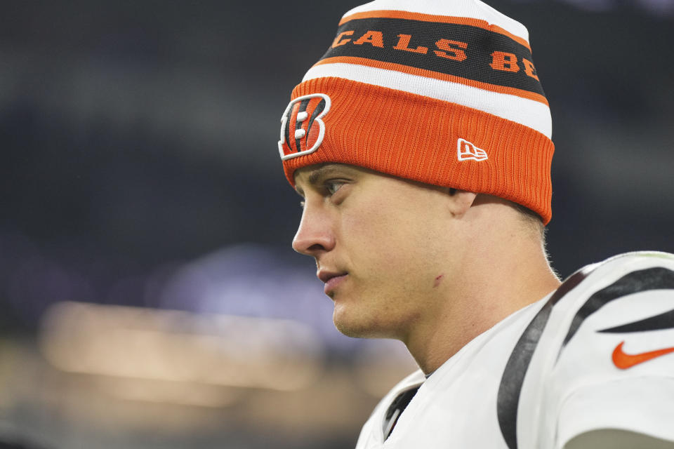 BALTIMORE, MD - NOVEMBER 16: Joe Burrow #9 of the Cincinnati Bengals walks off of the field after an NFL football game against the Baltimore Ravens at M&T Bank Stadium on November 16, 2023 in Baltimore, Maryland. (Photo by Cooper Neill/Getty Images)