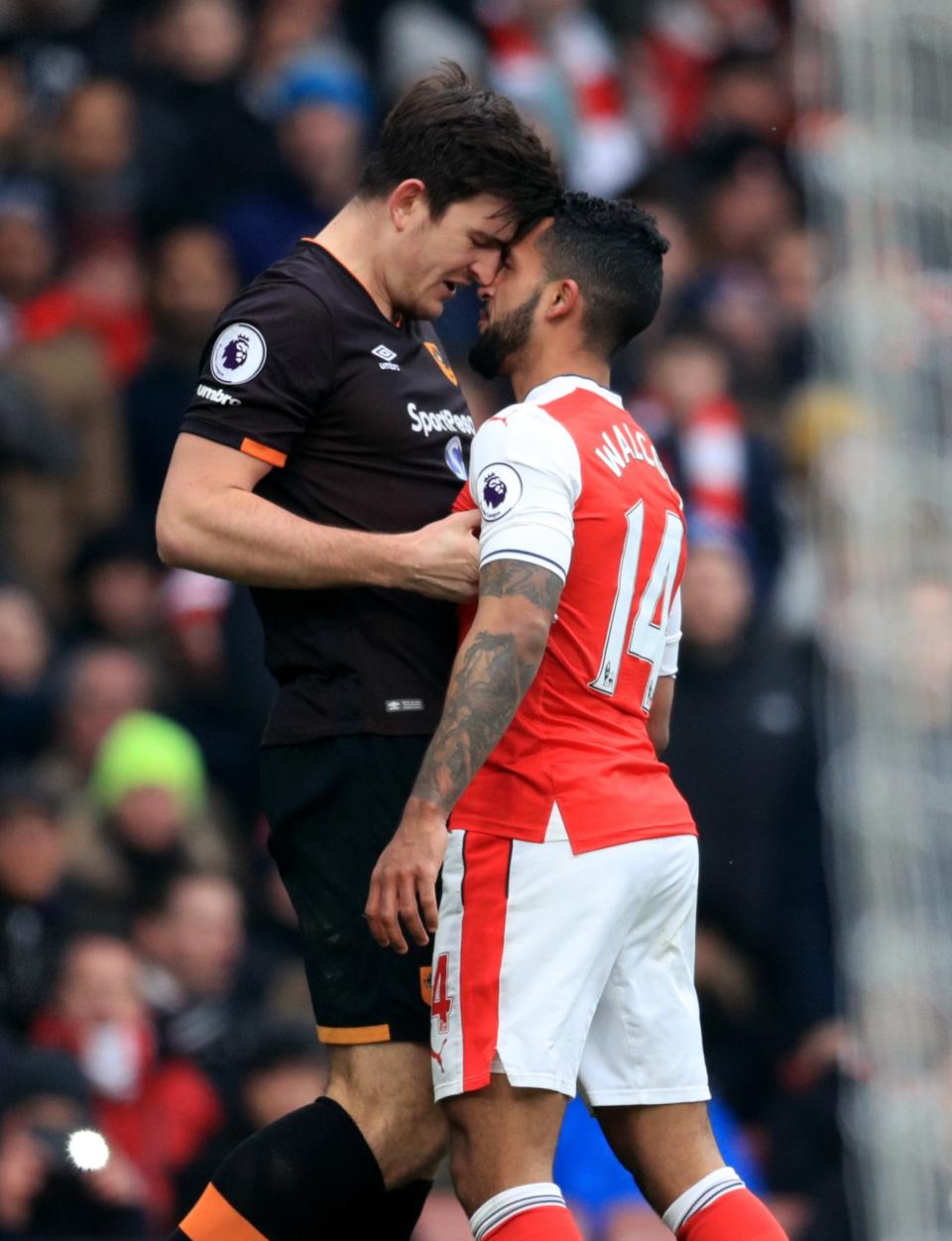 <p>Theo Walcott squares up to Hull’s Harry Maguire</p>