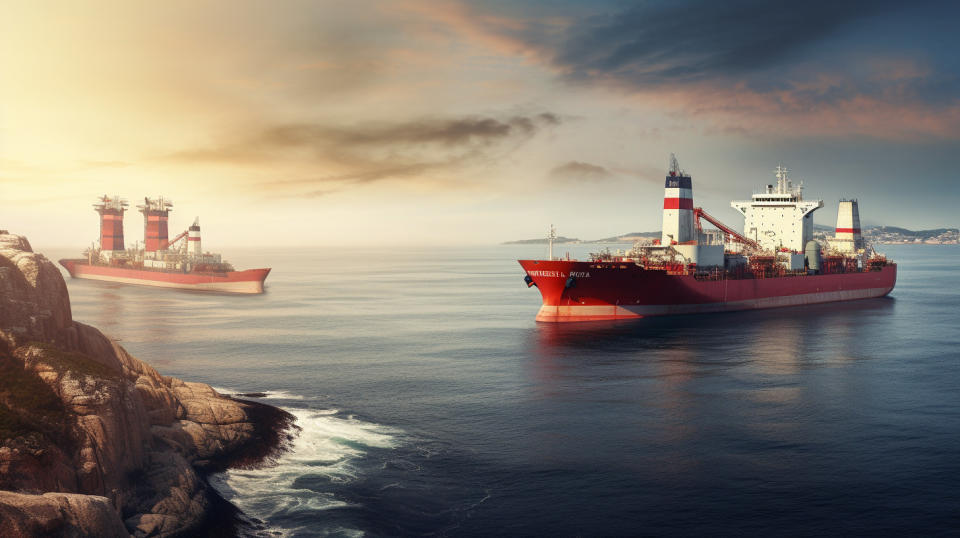 A tanker ship at sea with a landscape of oil derricks in the background.